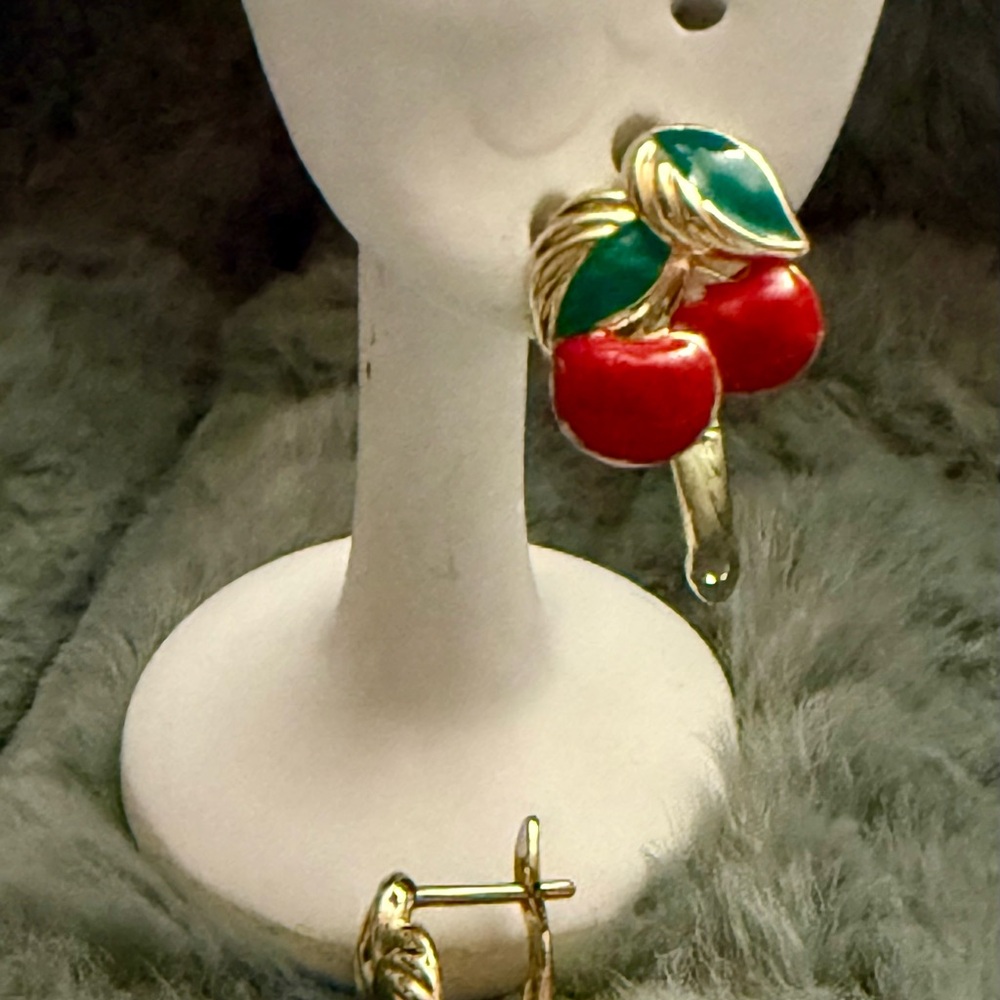 Elegant Gold and Red Cherry Earrings